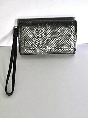 Cole Haan Metallic Snakeskin Leather Wristlet Wallet Black Clutch Zip Bag